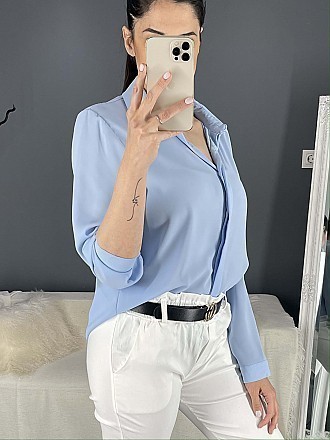 Γυναικείο πουκάμισο μονόχρωμο κλείνει με κουμπιά | Γαλάζιο