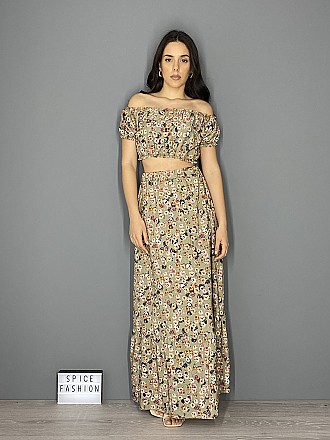 Γυναικείο σετ floral crop top και maxi φούστα | Χακί