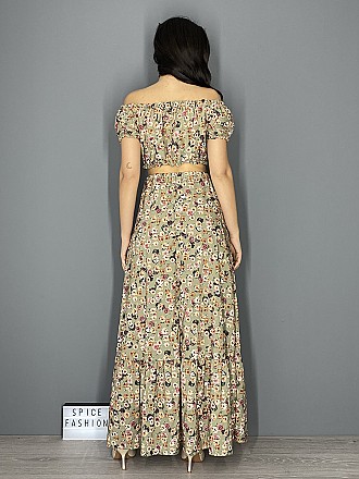 Γυναικείο σετ floral crop top και maxi φούστα | Χακί