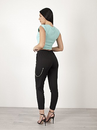 Γυναικείο υφασμάτινο παντελόνι all seasons με αλυσίδα λάστιχο στο τελείωμα και στη μέση τσέπες στα πλαϊνά | Μαύρο