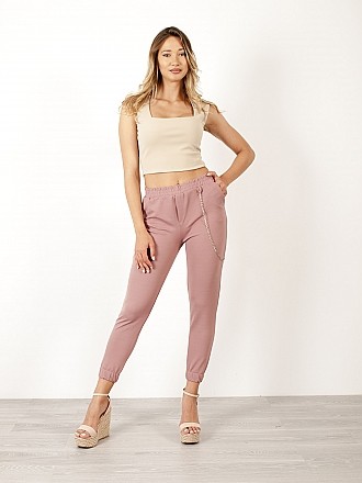 Γυναικείο υφασμάτινο παντελόνι all seasons με αλυσίδα λάστιχο στο τελείωμα και στη μέση τσέπες στα πλαϊνά | Ροζ
