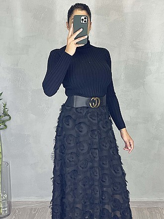 Γυναικεία φούστα maxi με κρόσια | Μαύρο