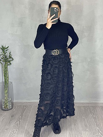 Γυναικεία φούστα maxi με κρόσια | Μαύρο