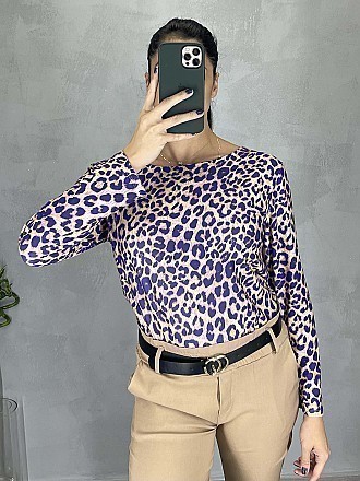 Γυναικεία μπλούζα animal print με στρογγυλή λαιμόκοψη | Μπεζ - Μωβ