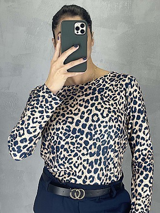 Γυναικεία μπλούζα animal print με στρογγυλή λαιμόκοψη | Μπεζ - Πετρόλ
