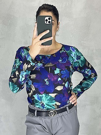 Γυναικεία μπλούζα floral με στρογγυλή λαιμόκοψη | Μπλε