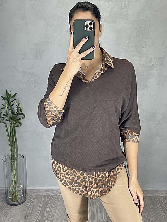 Γυναικεία μπλούζα ψιλό πλεκτό με κοντό μανίκι τύπου νυχτερίδα και V λαιμόκοψη | Καφέ