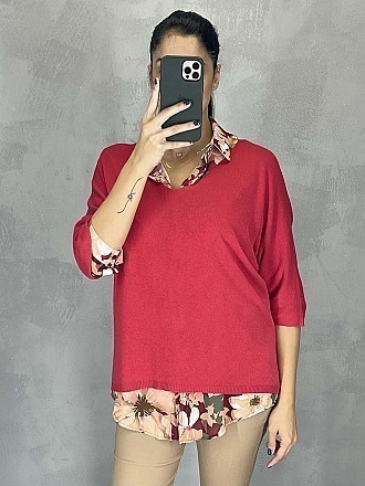 Γυναικεία μπλούζα ψιλό πλεκτό με κοντό μανίκι τύπου νυχτερίδα και V λαιμόκοψη | Κόκκινο