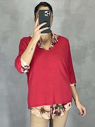 Γυναικεία μπλούζα ψιλό πλεκτό με κοντό μανίκι τύπου νυχτερίδα και V λαιμόκοψη | Κόκκινο