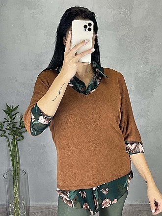 Γυναικεία μπλούζα ψιλό πλεκτό με κοντό μανίκι τύπου νυχτερίδα και V λαιμόκοψη | Ταμπά