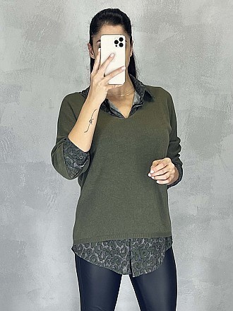 Γυναικεία μπλούζα ψιλό πλεκτό με κοντό μανίκι τύπου νυχτερίδα και V λαιμόκοψη | Χακί