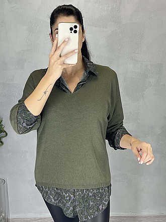 Γυναικεία μπλούζα ψιλό πλεκτό με κοντό μανίκι τύπου νυχτερίδα και V λαιμόκοψη | Χακί