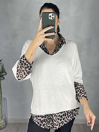 Γυναικεία μπλούζα ψιλό πλεκτό με κοντό μανίκι τύπου νυχτερίδα και Ve λαιμόκοψη | Λευκό