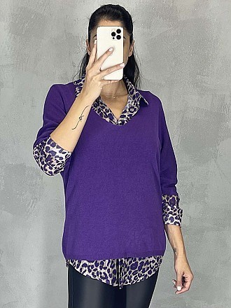 Γυναικεία μπλούζα ψιλό πλεκτό με κοντό μανίκι τύπου νυχτερίδα και Ve λαιμόκοψη | Μωβ