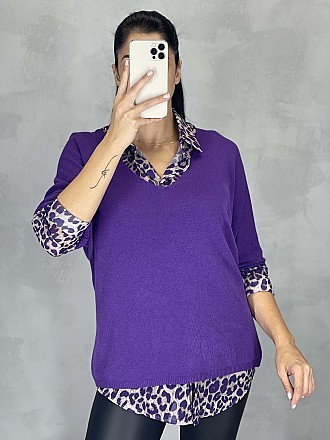 Γυναικεία μπλούζα ψιλό πλεκτό με κοντό μανίκι τύπου νυχτερίδα και Ve λαιμόκοψη | Μωβ