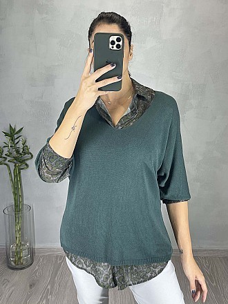 Γυναικεία μπλούζα ψιλό πλεκτό με κοντό μανίκι τύπου νυχτερίδα και Ve λαιμόκοψη | Πράσινο