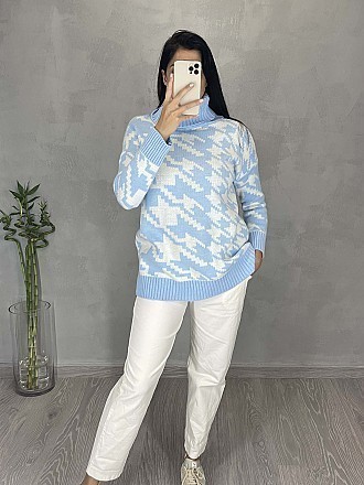 Γυναικεία πλεκτή μπλούζα pied de poule ζιβάγκο  | Γαλάζιο