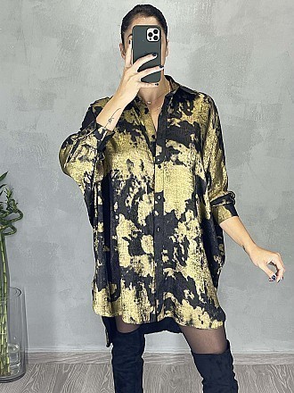 Γυναικεία πουκαμίσα φόρεμα oversize σε μεταλλιζέ αποχρώσεις ασύμμετρη | Χρυσό - Μαύρο