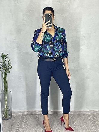 Γυναικείο παντελόνι ελαστικό με λάστιχο και ζώνη στην μέση | Μπλε Σκούρο