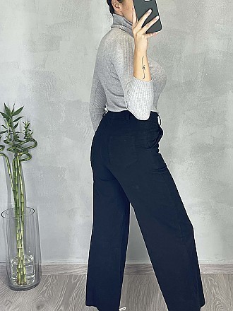 Γυναικείο παντελόνι τύπου καμπάνα ελαστικό με δερματίνη ζώνη | Μαύρο