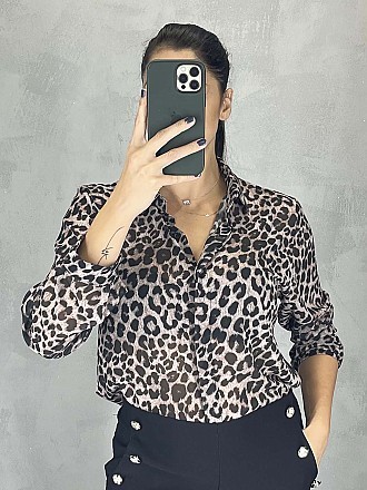 Γυναικείο πουκάμισο animal print κλείνει με κουμπιά | Γκρι - Μαύρο