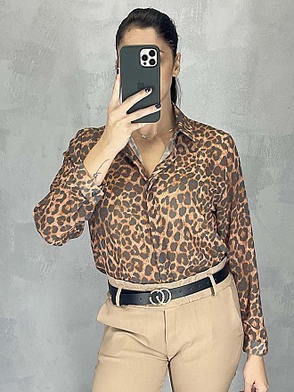 Γυναικείο πουκάμισο animal print κλείνει με κουμπιά | Κάμελ - Γκρι
