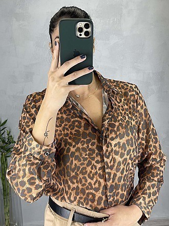 Γυναικείο πουκάμισο animal print κλείνει με κουμπιά | Κάμελ - Γκρι