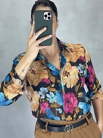 Γυναικείο πουκάμισο floral κλείνει με κουμπιά | Γαλάζιο