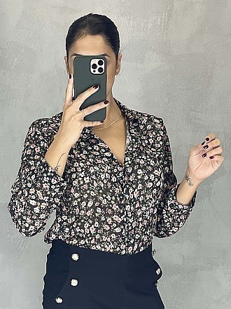 Γυναικείο πουκάμισο floral κλείνει με κουμπιά μπροστά | Μαύρο