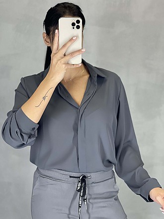 Γυναικείο πουκάμισο μονόχρωμο κλείνει με κουμπιά | Ανθρακί