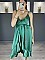 Γυναικείο maxi φόρεμα μονόχρωμο σατέν ασύμμετρο κρουαζέ με βολάν και ραντάκι | Πράσινο